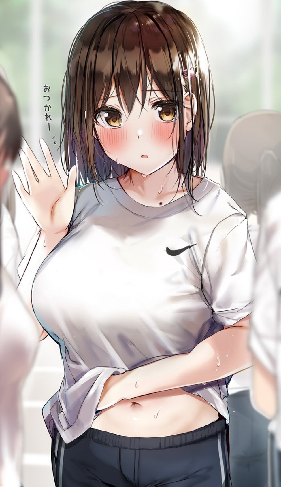 1girl black_shorts blush breasts brown_eyes brown_hair commentary_request gym_uniform hair_ornament hairclip hand_up highres large_breasts looking_at_viewer mole nike original rouka_(akatyann) short_sleeves shorts solo_focus sweat translation_request