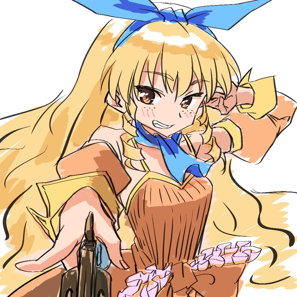 1girl blonde_hair blue_neckwear blush breasts brown_eyes detached_sleeves dress freckles gun hair_ribbon jane_maxwell long_hair looking_at_viewer nyantiu orange_dress orange_sleeves ribbon simple_background smile solo waist_bow weapon white_background wild_arms wild_arms_1