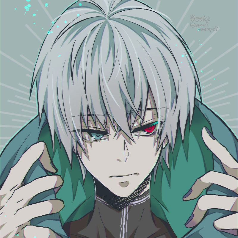 1boy alternate_hair_color artist_name bangs face green_background grey_eyes heterochromia hood hood_down kaneki_ken kyoya_(0o-7snow7-o0) looking_at_viewer male_focus nail_polish red_eyes short_hair solo tokyo_ghoul watermark