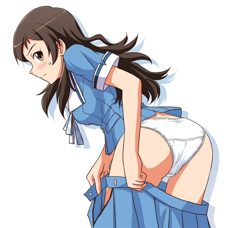 1girl ass bangs blouse blue_blouse blue_neckwear blue_skirt blush brown_eyes brown_hair closed_mouth clothes_pull commentary_request cowboy_shot crotch_seam dressing frown idolmaster idolmaster_million_live! kitazawa_shiho leaning_forward lielos long_hair looking_at_viewer looking_back neck_ribbon open_clothes open_skirt panties partial_commentary pulled_by_self ribbon school_uniform shadow short_sleeves simple_background skirt skirt_pull solo standing underwear white_background white_panties