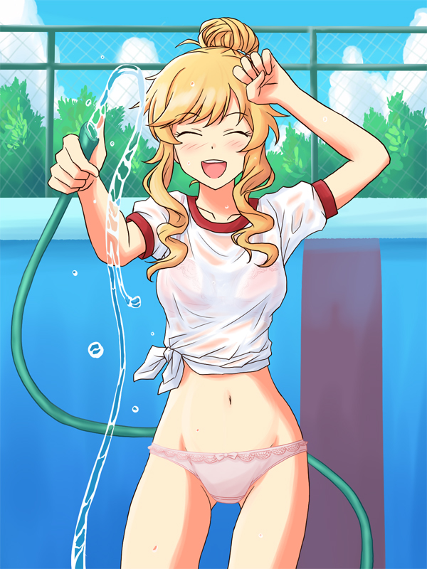 1girl arm_up bangs blonde_hair blue_sky bralines chain-link_fence closed_eyes clouds cloudy_sky commentary_request commission cowboy_shot crotch_seam day drill_locks empty_pool eyebrows_visible_through_hair facing_viewer fence gym_shirt gym_uniform holding holding_hose hose idolmaster idolmaster_cinderella_girls lielos navel no_pants ohtsuki_yui open_mouth outdoors panties partial_commentary pixiv_request pool see-through shirt short_hair_with_long_locks short_sleeves sky smile solo standing tied_hair tied_shirt underwear water wet wet_clothes wet_shirt white_panties