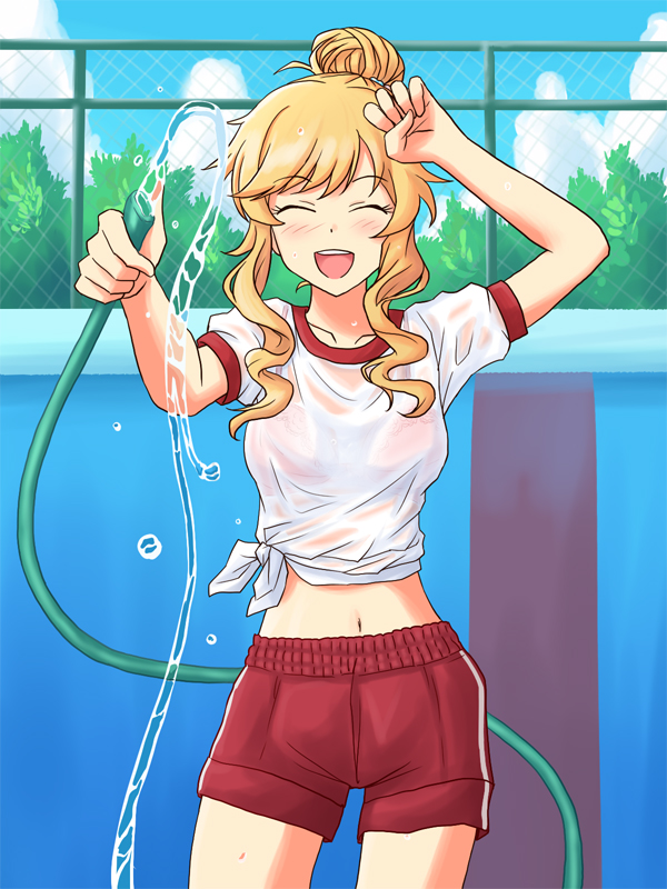 1girl arm_up bangs blonde_hair blue_sky bralines chain-link_fence closed_eyes clouds cloudy_sky commentary_request commission cowboy_shot day drill_locks empty_pool eyebrows_visible_through_hair facing_viewer fence gym_shirt gym_shorts gym_uniform holding holding_hose hose idolmaster idolmaster_cinderella_girls lielos navel ohtsuki_yui open_mouth outdoors partial_commentary pixiv_request pool red_shorts see-through shirt short_hair_with_long_locks short_sleeves shorts single_vertical_stripe sky smile solo standing tied_hair tied_shirt water wet wet_clothes wet_shirt