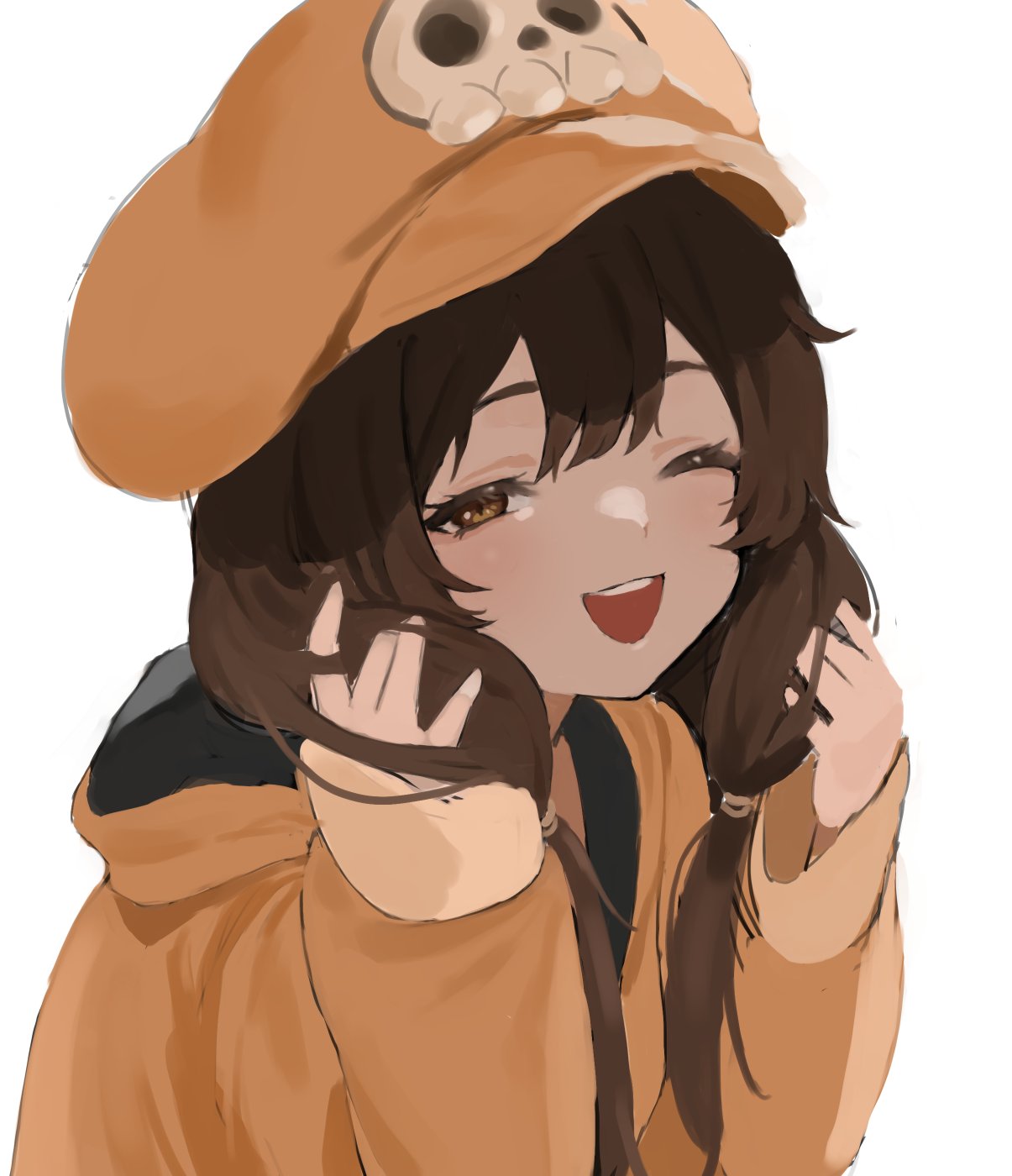 1girl :d \||/ bangs brown_eyes brown_hair coat eyebrows_behind_hair flasso guilty_gear hands_in_hair hat highres holding holding_hair light_blush long_hair long_sleeves looking_at_viewer low_twintails may_(guilty_gear) one_eye_closed open_mouth orange_coat simple_background skull_hat_ornament sleeves_past_wrists smile solo twintails upper_body upper_teeth white_background