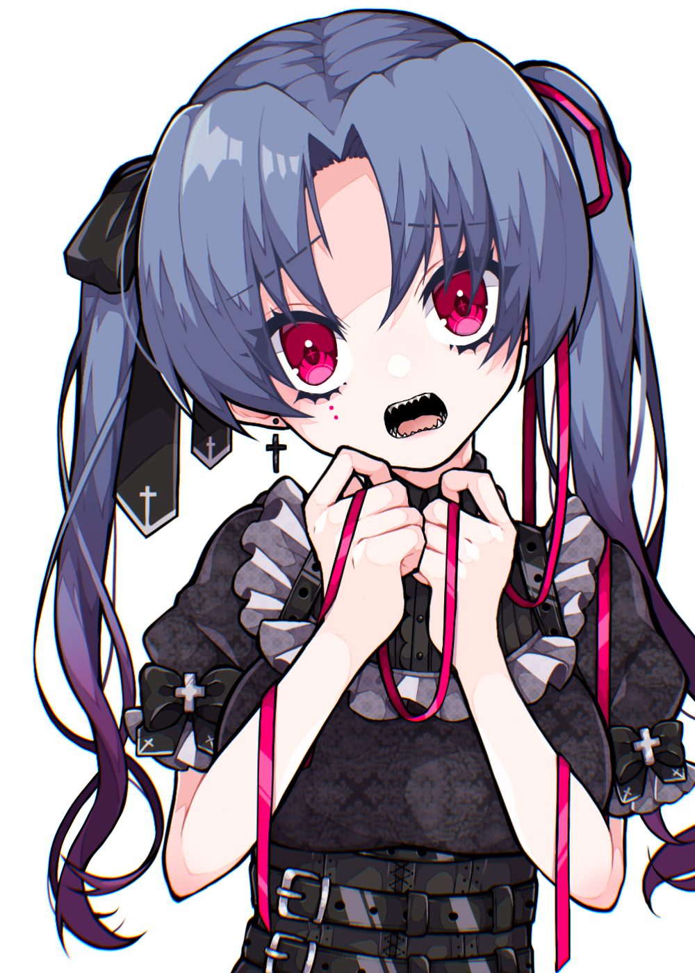 1girl bangs black_bow black_hair black_shirt bow breasts collared_shirt commentary cross cross_earrings earrings eyebrows_visible_through_hair gradient_hair hair_between_eyes hair_bow hair_ribbon hands_up head_tilt highres jewelry latin_cross looking_at_viewer medium_breasts multicolored_hair open_mouth original parted_bangs puffy_short_sleeves puffy_sleeves purple_hair red_eyes red_ribbon ribbon sharp_teeth shirt short_sleeves simple_background solo symbol-only_commentary takae_(poupee_en_biscuit) teeth twintails upper_body white_background