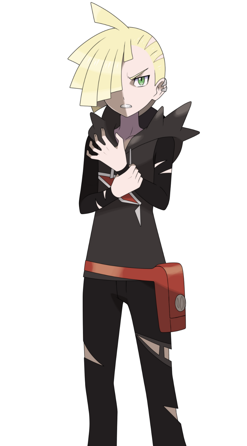 1boy ahoge asatsuki_(fgfff) bag bangs black_pants blonde_hair clenched_teeth collarbone commentary_request ear_piercing fanny_pack gladion_(pokemon) green_eyes hair_over_one_eye hand_on_own_wrist highres hood hood_down hoodie long_sleeves looking_at_viewer male_focus orange_bag pants piercing pokemon pokemon_(game) pokemon_sm solo standing teeth torn_clothes torn_hoodie torn_pants transparent_background