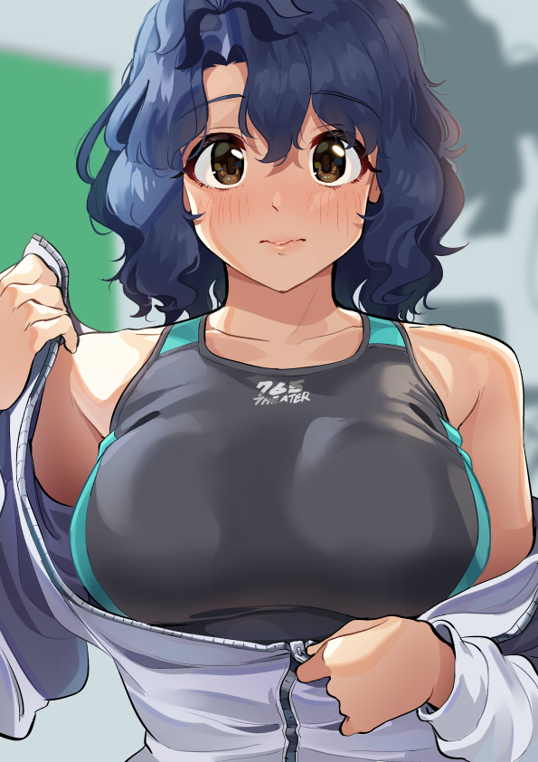 1girl bangs black_swimsuit blue_hair blurry blurry_background blush breasts brown_eyes closed_mouth commentary competition_swimsuit cowboy_shot depth_of_field embarrassed eyebrows_visible_through_hair idolmaster idolmaster_million_live! jacket kamille_(vcx68) large_breasts light_frown long_sleeves looking_at_viewer one-piece_swimsuit short_hair solo swimsuit toyokawa_fuuka undressing unzipping white_jacket