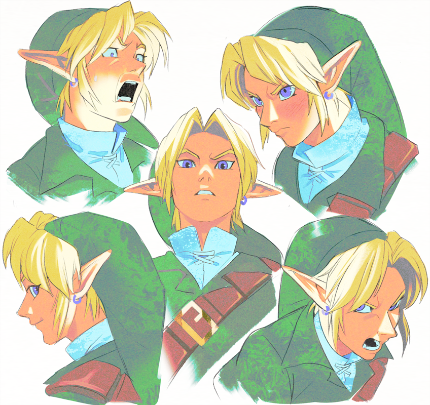 1boy :d bangs blonde_hair blue_eyes blush collarbone cropped_shoulders crying disgust earrings expressions face green_headwear green_shirt jewelry link looking_at_viewer looking_back lower_teeth male_focus multiple_views open_mouth pointy_ears serious shirt smile tears teeth the_legend_of_zelda the_legend_of_zelda:_ocarina_of_time uzucake v-shaped_eyebrows white_shirt