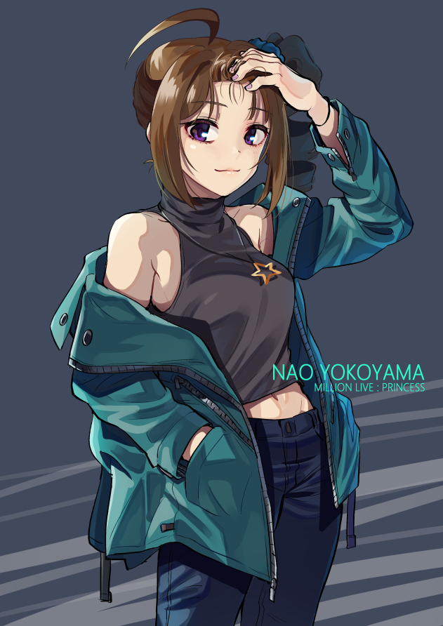 1girl ahoge black_shirt blue_pants blue_scrunchie breasts brown_hair character_name closed_eyes commentary cowboy_shot denim drill_hair english_text green_jacket hair_ornament hair_scrunchie halter_top halterneck hand_in_hair idolmaster idolmaster_million_live! jacket jeans jewelry kamille_(vcx68) long_sleeves looking_at_viewer medium_breasts midriff navel necklace off_shoulder open_clothes open_jacket pants scrunchie shirt side_drill sidelocks smile solo standing star_(symbol) star_necklace violet_eyes yokoyama_nao