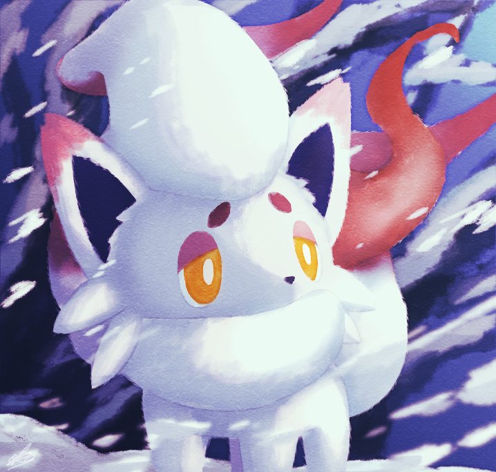 bright_pupils commentary_request ewokakukaede half-closed_eyes hisuian_zorua looking_to_the_side no_humans outdoors pokemon pokemon_(creature) snowing solo standing white_pupils yellow_eyes