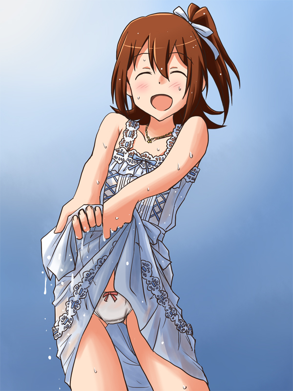 1girl :d bangs blue_background blue_dress blue_ribbon bow bow_panties brown_hair clothes_lift commentary_request cowboy_shot crotch_seam dress dress_lift facing_viewer hair_ribbon idolmaster idolmaster_million_live! jewelry kasuga_mirai lielos lifted_by_self medium_hair necklace one_side_up open_mouth panties ribbon see-through short_dress smile solo underwear wet wet_clothes wet_dress white_panties wringing_clothes