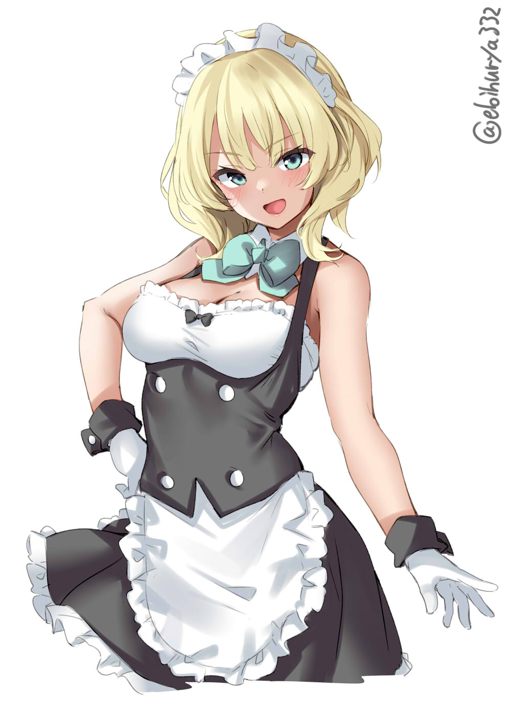 1girl adapted_costume alternate_costume apron black_dress blonde_hair blue_eyes blush breasts colorado_(kancolle) cowboy_shot detached_collar dress ebifurya enmaided eyebrows_visible_through_hair frilled_apron frilled_dress frills gloves green_ribbon hair_between_eyes highres kantai_collection large_breasts looking_at_viewer maid maid_apron maid_headdress neck_ribbon open_mouth ribbon short_hair side_braids simple_background smile solo twitter_username waist_apron white_apron white_background white_gloves