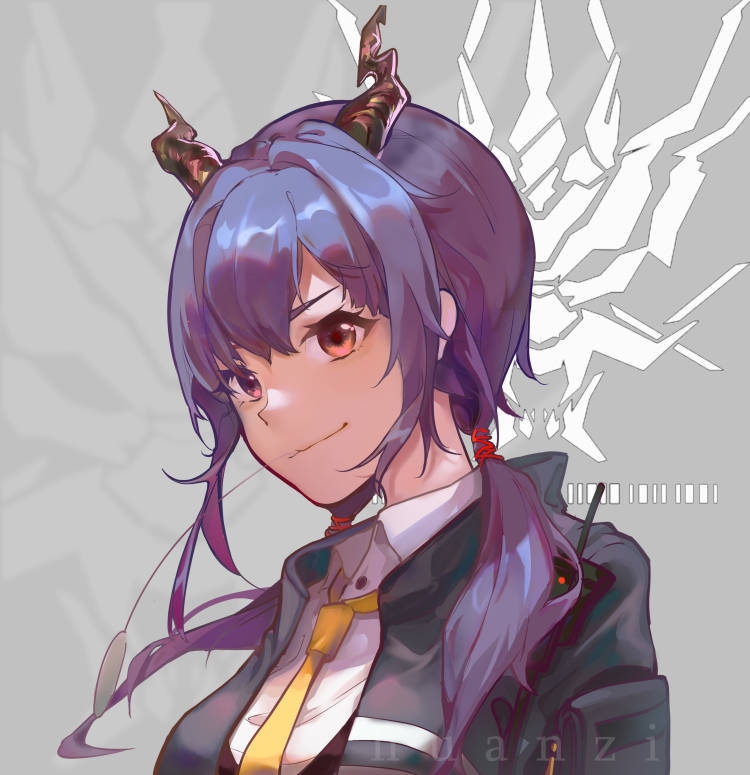 1girl arknights black_jacket blue_hair ch'en_(arknights) chinese_commentary commentary_request dragon_horns horns huan_zi_bu_cheng jacket long_hair looking_at_viewer mouth_hold necktie radio red_eyes shirt sidelocks solo stalk_in_mouth twintails wheat white_shirt yellow_neckwear