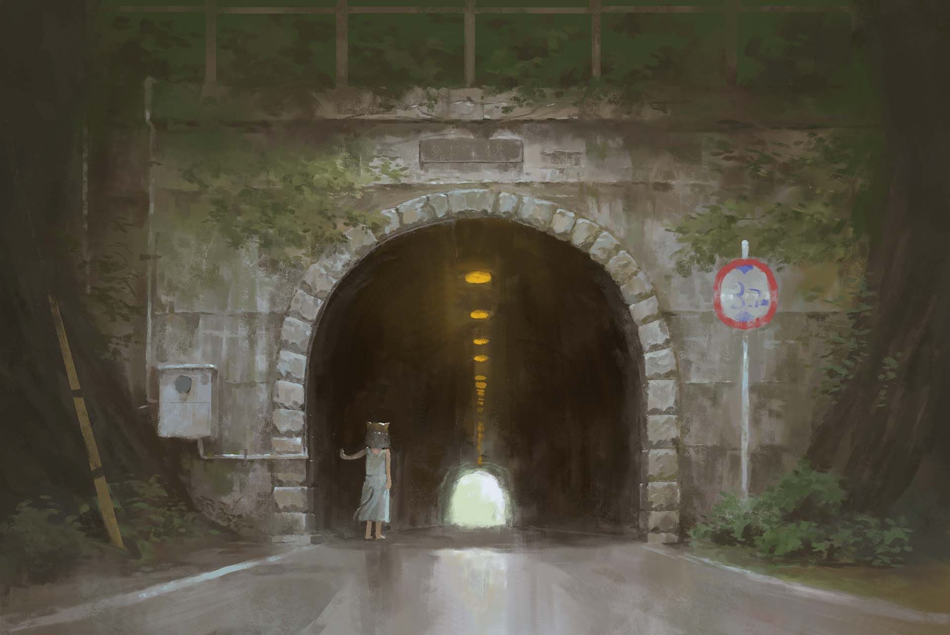 1girl animal_ears cat_ears cat_tail dress fjsmu from_behind highres light original plant road road_sign scenery sign sleeveless sleeveless_dress tail tree tunnel white_dress