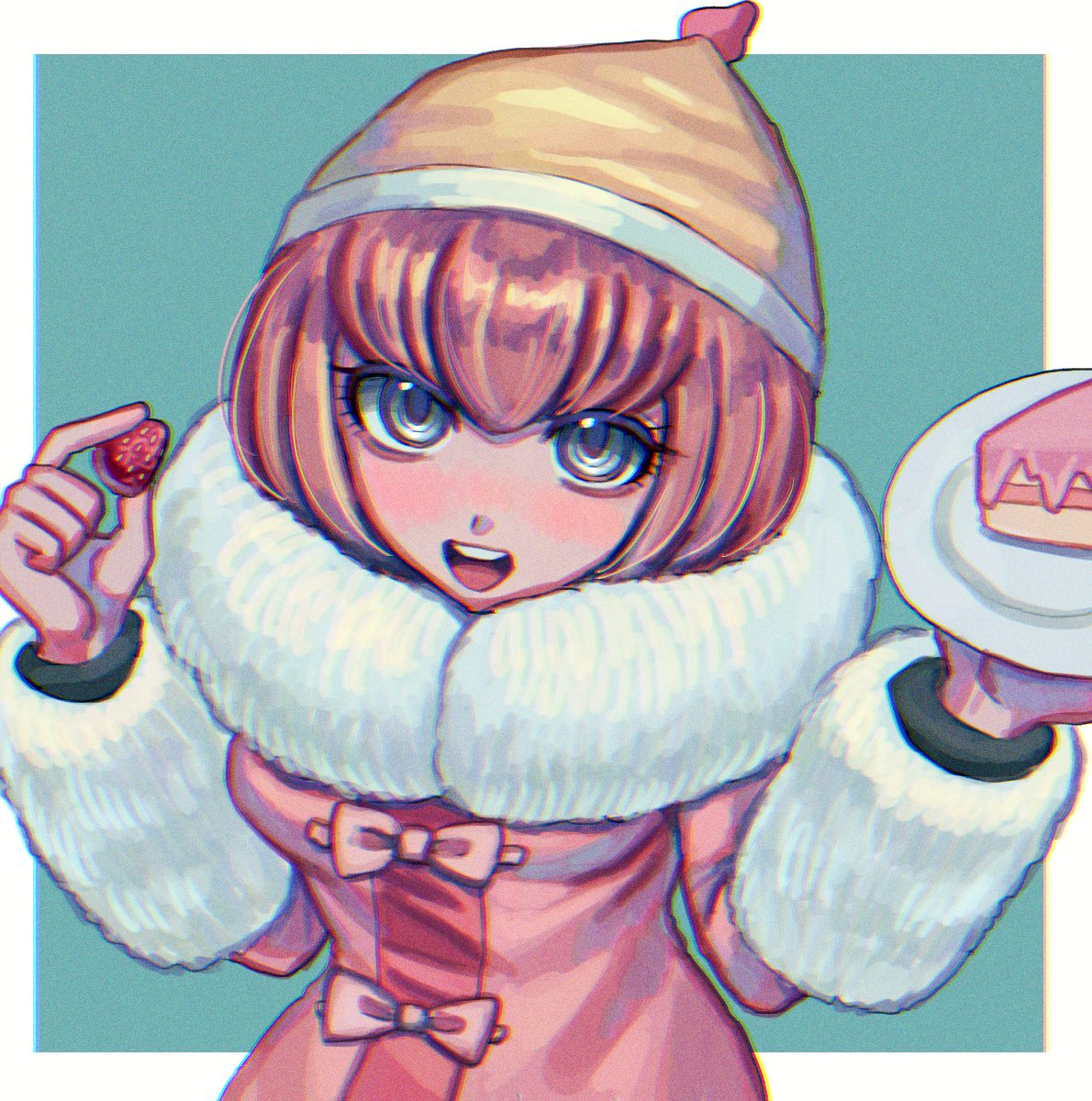 :d andou_ruruka bangs blue_eyes bow breasts cake commentary_request danganronpa_(series) danganronpa_3_(anime) esu_(tasoesu) food fruit fur-trimmed_jacket fur_trim green_background hat highres holding holding_food holding_fruit holding_plate jacket looking_at_viewer medium_breasts open_mouth pink_bow pink_hair pink_jacket plate short_hair smile solo strawberry upper_body upper_teeth white_background