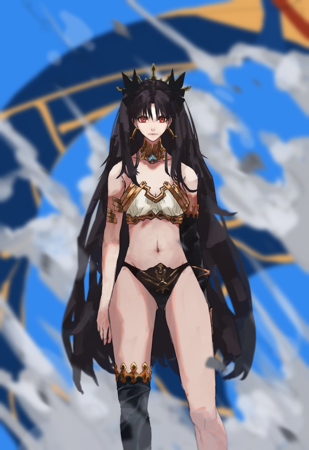 1girl armband asymmetrical_gloves asymmetrical_legwear black_hair bra collarbone earrings elbow_gloves fate/grand_order fate_(series) gloves hair_ornament hair_ribbon highres ishtar_(fate) ishtar_(fate)_(all) jewelry kdm_(ke_dama) long_hair looking_at_viewer navel panties red_eyes ribbon solo strapless strapless_bra thigh-highs twintails underwear