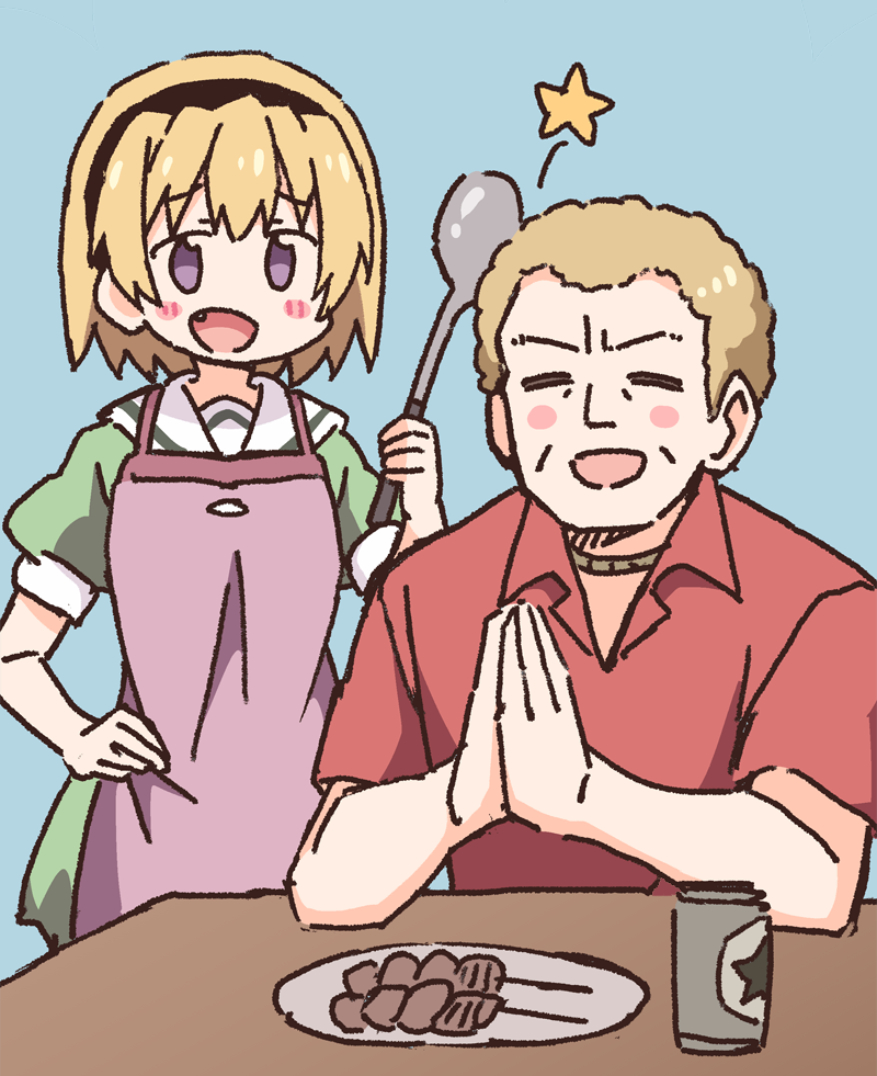 1boy 1girl :d =_= alcohol apron bangs beer blonde_hair blue_background blush blush_stickers closed_eyes collared_shirt commentary_request dress eyebrows_visible_through_hair fang food green_dress hand_on_hip higurashi_no_naku_koro_ni holding houjou_satoko houjou_teppei ladle light_brown_hair nekotoufu open_mouth own_hands_together palms_together plate puffy_short_sleeves puffy_sleeves purple_apron red_shirt sailor_collar sailor_dress shirt short_sleeves simple_background smile star_(symbol) violet_eyes white_sailor_collar