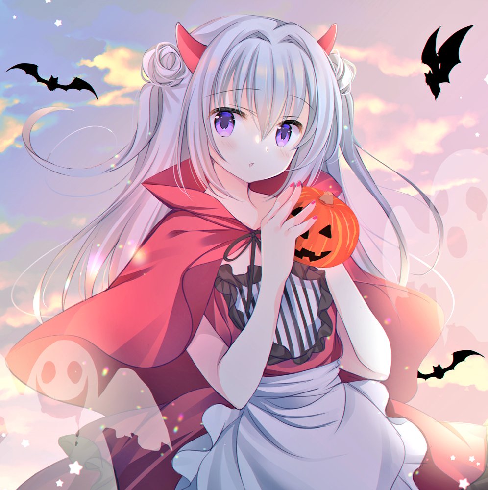 1girl animal apron bangs bat black_ribbon blush capelet clouds commentary demon_horns double_bun dress eyebrows_visible_through_hair frilled_apron frilled_dress frilled_shirt frills ghost grey_hair hair_between_eyes hands_up holding horns jack-o'-lantern long_hair looking_at_viewer original outdoors parted_lips red_capelet red_dress ribbon shirogane_hina shirt solo striped striped_shirt sunset symbol-only_commentary two_side_up vertical-striped_shirt vertical_stripes very_long_hair violet_eyes waist_apron white_apron