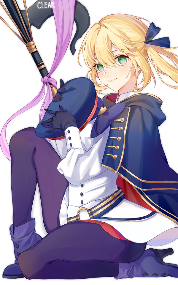 1girl artist_name artoria_pendragon_(caster)_(fate) artoria_pendragon_(fate) black_gloves black_legwear blonde_hair blue_cloak blush boots clear_regulus cloak fate/grand_order fate_(series) gloves green_eyes hair_between_eyes hat headwear_removed high_heels holding holding_clothes holding_hat looking_at_viewer mage_staff pantyhose pink_ribbon ribbon short_hair side_ponytail smile solo white_background