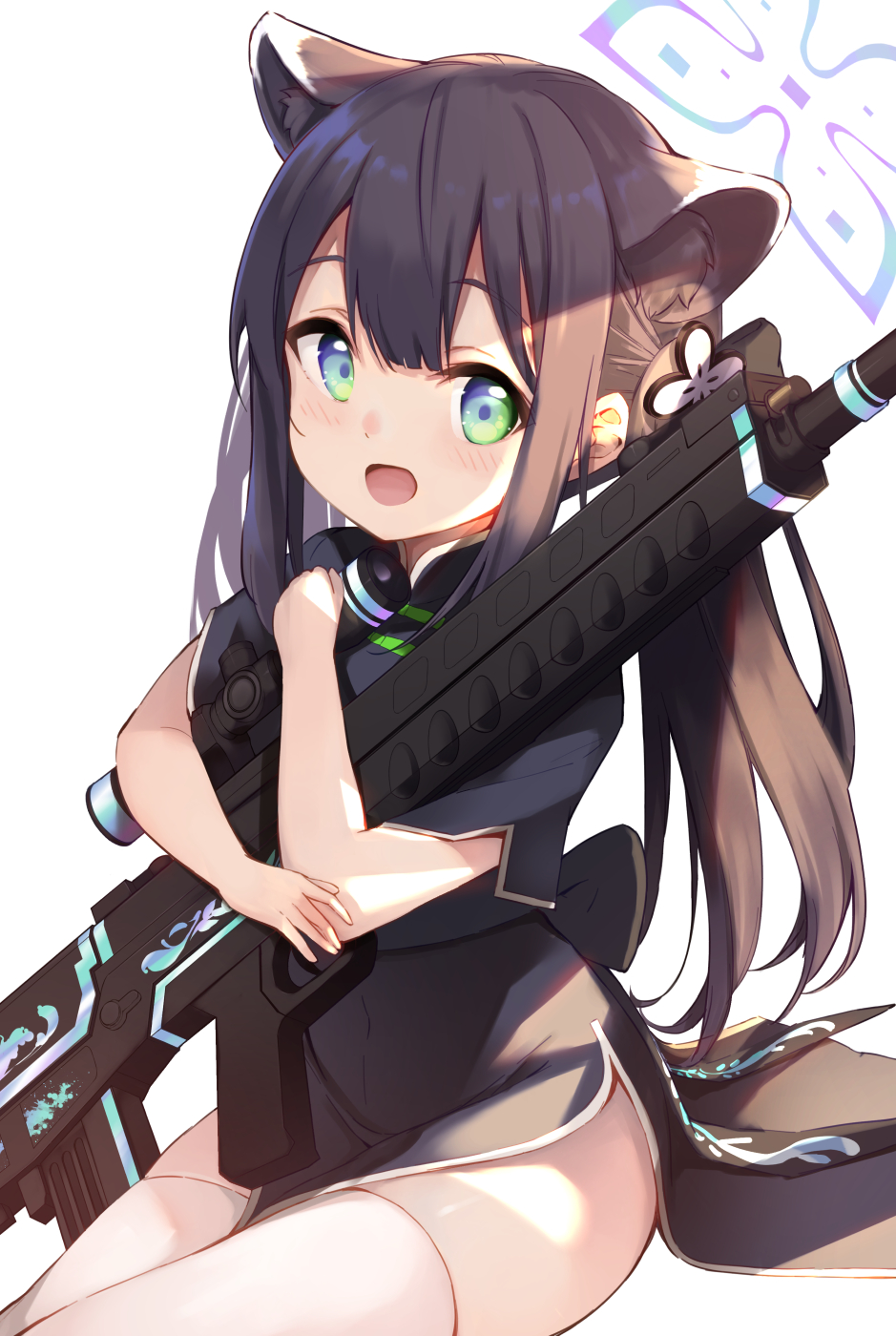 1girl animal_ear_fluff animal_ears black_dress blue_archive brown_hair china_dress chinese_clothes cowengium dress green_eyes gun halo highres long_hair looking_at_viewer object_hug open_mouth rifle short_sleeves shun_(blue_archive) simple_background sitting smile solo thigh-highs twintails weapon weapon_request white_background white_legwear