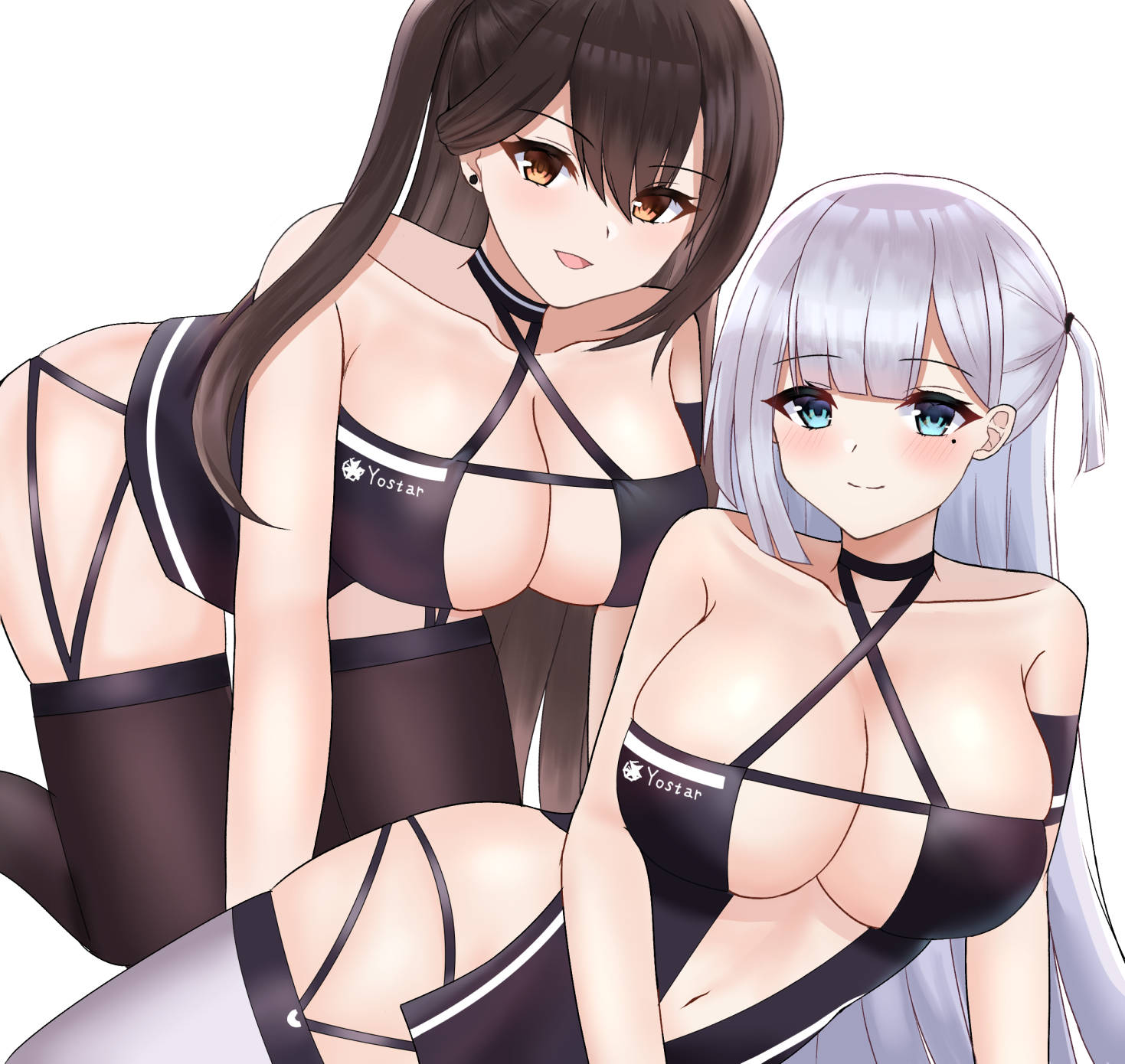 2girls all_fours arm_strap azur_lane bare_hips blue_eyes breasts brown_hair brown_legwear center_opening criss-cross_halter earrings eyebrows_visible_through_hair halter_dress halterneck highres jewelry large_breasts long_hair looking_at_viewer lying mole mole_under_eye multiple_girls on_side one_side_up orange_eyes racequeen revealing_clothes satsuka_(258) shoukaku_(azur_lane) shoukaku_(sororal_wings)_(azur_lane) simple_background thigh-highs white_background white_hair zuikaku_(azur_lane) zuikaku_(the_wind's_true_name)_(azur_lane)