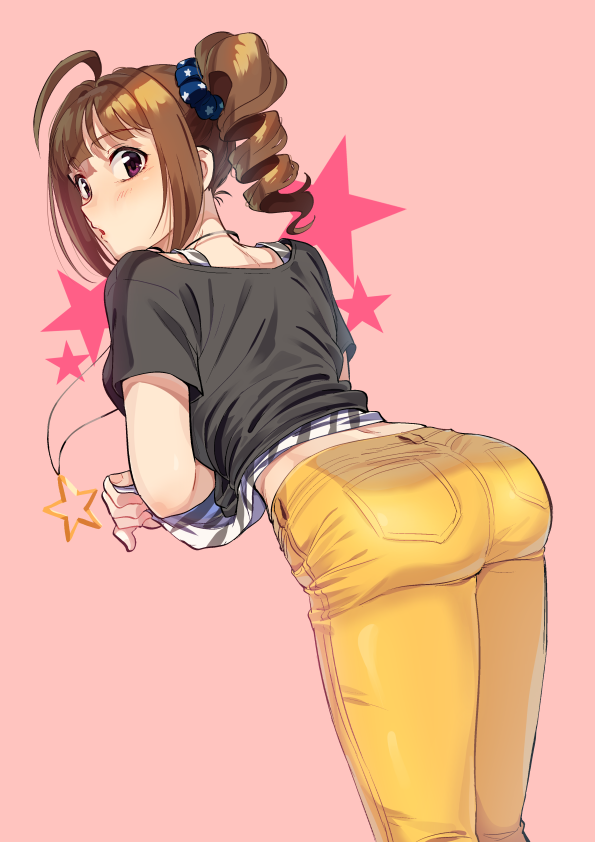 1girl :o ahoge ass black_shirt blue_scrunchie brown_hair casual denim drill_hair dutch_angle eyebrows_visible_through_hair from_behind hair_ornament hair_scrunchie idolmaster idolmaster_million_live! jeans jewelry kamille_(vcx68) layered_clothing looking_back medium_hair midriff necklace pants pink_background print_scrunchie scrunchie shirt side_drill sidelocks simple_background solo standing star_(symbol) star_necklace star_print striped striped_shirt t-shirt tank_top violet_eyes white_shirt yellow_pants yokoyama_nao