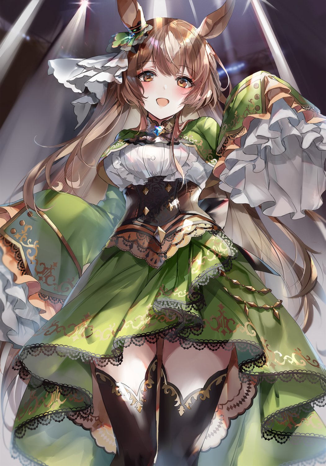 1girl :d animal_ears bangs black_legwear blush breasts brown_eyes brown_hair commentary_request corset cropped_jacket ear_ribbon eyebrows_visible_through_hair frilled_sleeves frills green_jacket green_skirt hand_up highres hinahino horse_ears horse_girl jacket long_hair long_sleeves open_mouth satono_diamond_(umamusume) shirt skirt sleeves_past_fingers sleeves_past_wrists smile solo stage_lights standing thigh-highs umamusume very_long_hair white_shirt