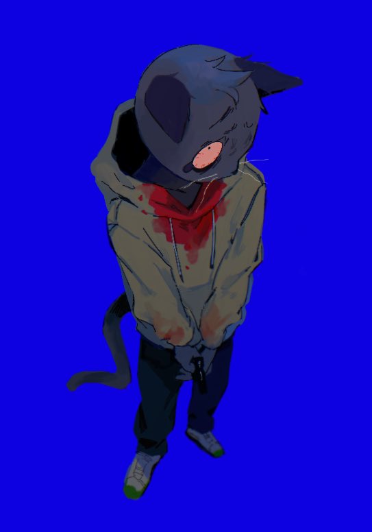 animal_ears blood blood_on_clothes blue_background cat_ears cat_tail furry furry_male gun holding holding_gun holding_weapon hood hoodie odd_taxi pants simple_background tail tanaka_hajime teigaso1 weapon