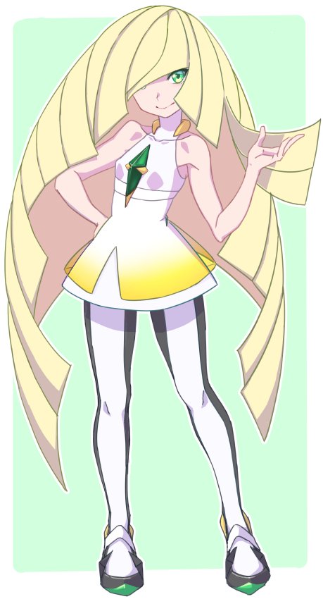 1girl bare_arms bare_shoulders blonde_hair breasts closed_mouth dress green_eyes hair_over_one_eye long_hair looking_at_viewer lusamine_(pokemon) nyantiu pokemon pokemon_(game) pokemon_sm sleeveless sleeveless_dress smile solo very_long_hair white_dress
