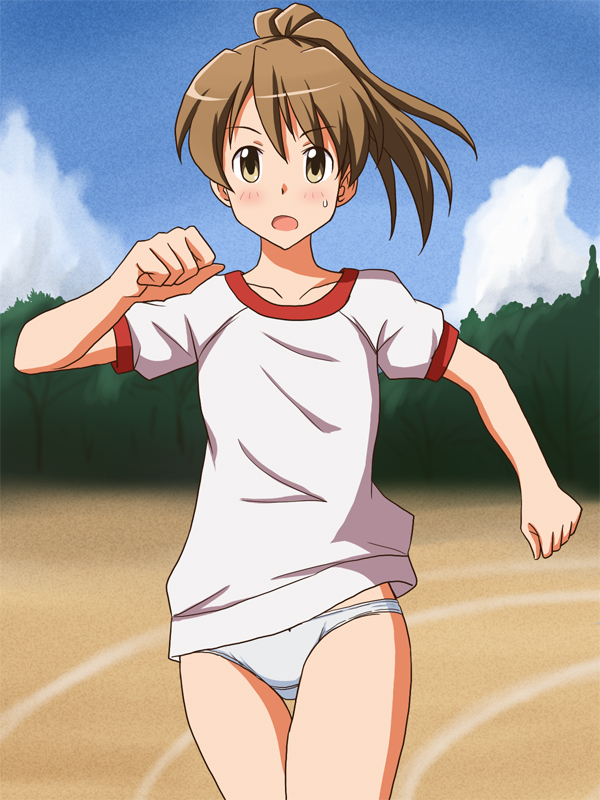 1girl bangs blue_sky blush brown_eyes brown_hair clouds cloudy_sky commentary_request commission crotch_seam day eyebrows_visible_through_hair gym_shirt gym_uniform lielos looking_at_viewer medium_hair no_pants open_mouth original outdoors panties partial_commentary pixiv_request poniko_(lielos) ponytail running running_track shirt short_sleeves sky solo sweatdrop thigh_gap underwear white_panties white_shirt
