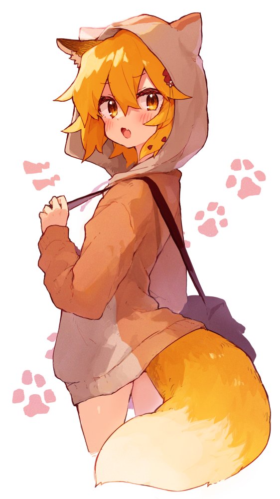 1girl animal_ears bag blush commentary_request cowboy_shot cropped_legs eyebrows_visible_through_hair facing_away fang fox_ears fox_girl fox_tail hair_between_eyes hood hood_up hoodie looking_at_viewer looking_back open_mouth orange_hair orange_hoodie paw_print rimukoro senko_(sewayaki_kitsune_no_senko-san) sewayaki_kitsune_no_senko-san short_hair shoulder_bag simple_background skin_fang solo tail white_background yellow_eyes