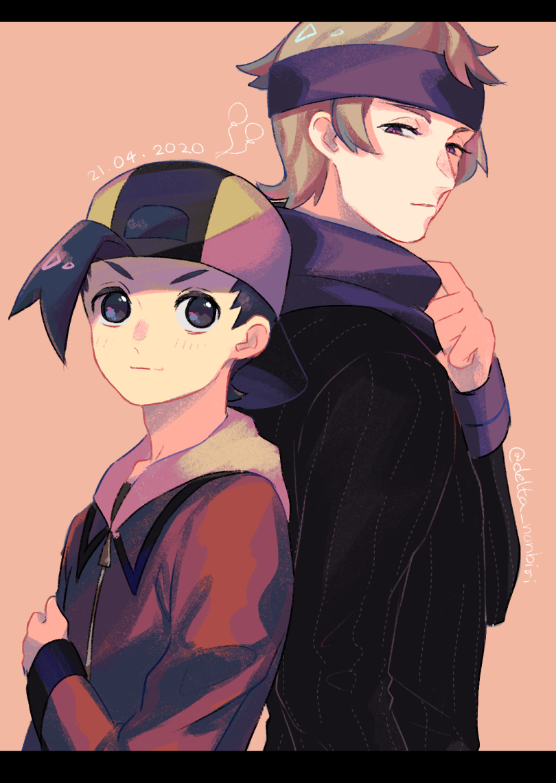 2boys backwards_hat baseball_cap black_eyes black_hair black_sweater blonde_hair blush closed_mouth commentary_request dated delta_nonbiri ethan_(pokemon) eyelashes hand_up hat jacket long_sleeves looking_back male_focus morty_(pokemon) multiple_boys orange_background pokemon pokemon_(game) pokemon_hgss purple_headband purple_scarf red_jacket ribbed_sweater scarf short_hair smile sweater violet_eyes