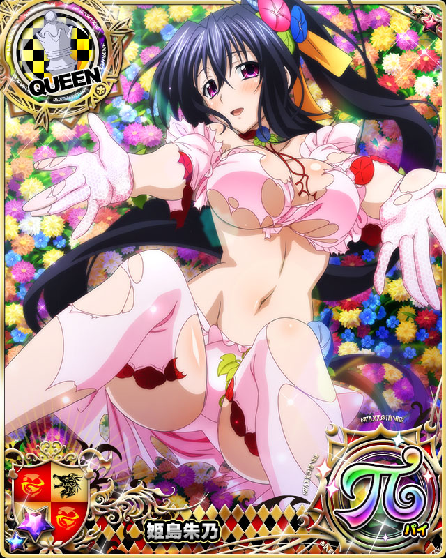 1girl bare_shoulders black_hair blush breasts choker detached_sleeves field flower flower_field gloves hair_between_eyes high_school_dxd high_school_dxd_pi himejima_akeno large_breasts long_hair lying navel official_art on_back open_mouth ponytail solo thigh-highs tongue torn_clothes very_long_hair violet_eyes