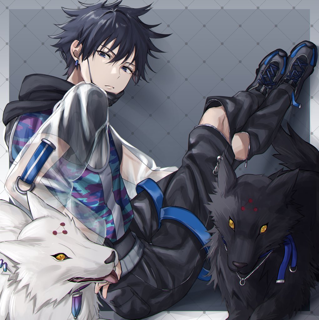 1boy animal black_dog black_footwear black_hair black_pants blue_eyes closed_mouth crossed_legs dog earrings fushiguro_megumi hood hood_down hooded_shirt jewelry jujutsu_kaisen looking_at_viewer male_focus mask mask_pull mouth_mask on_floor pants see-through_sleeves shirt shoes short_hair sitting solo tuze111 white_dog