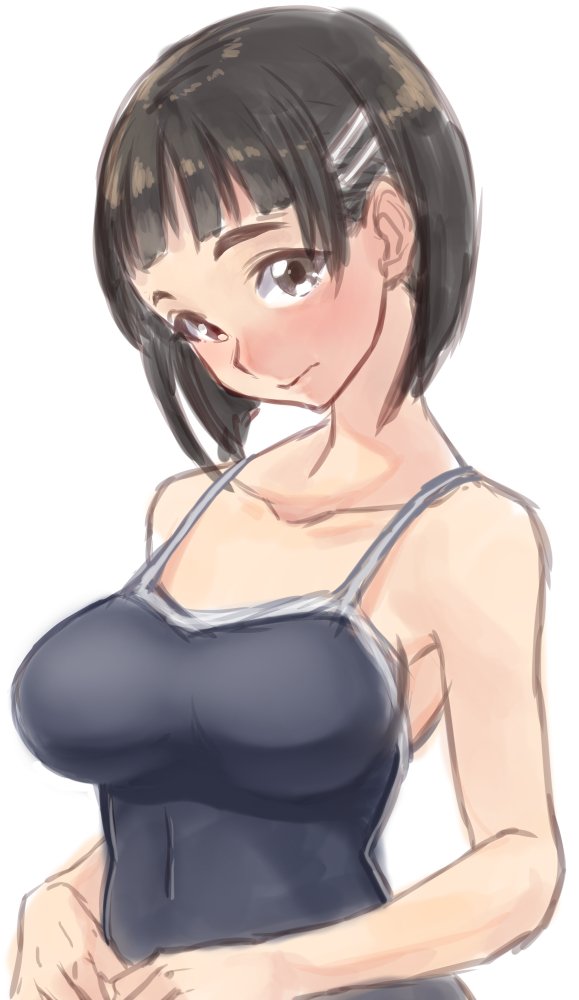 1girl breasts closed_mouth kirigaya_suguha large_breasts looking_at_viewer nyantiu short_hair simple_background solo swimsuit white_background