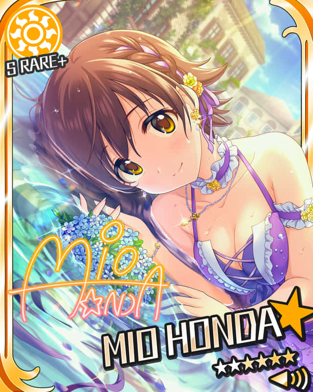 blush brown_eyes brown_hair character_name honda_mio idolmaster idolmaster_cinderella_girls short_hair smile stars swimsuit