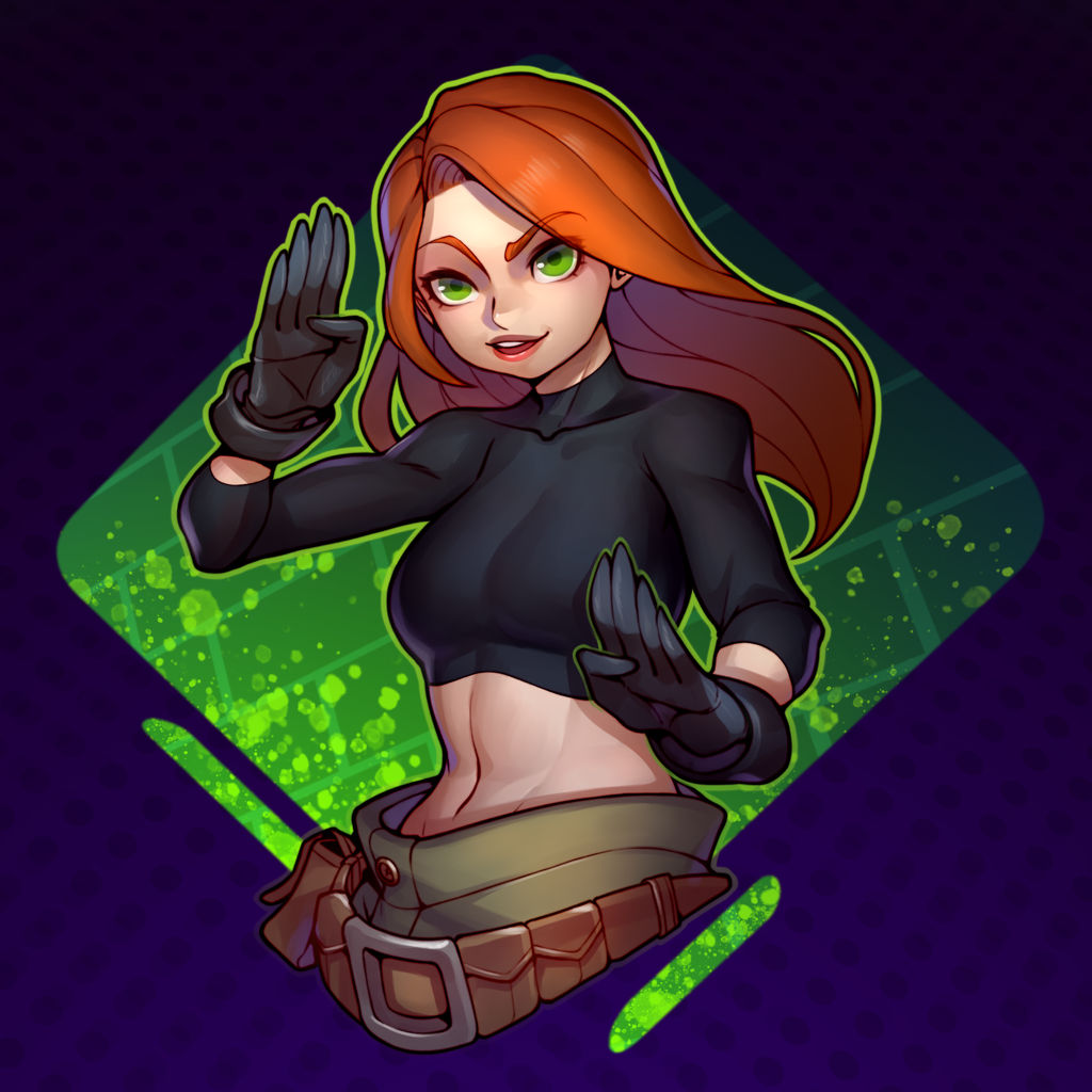 1girl baggy_pants belt cargo_pants crop_top fighting_stance gloves green_eyes kim_possible kimberly_ann_possible loose_pants midriff modathan navel open_mouth orange_hair pants simple_background turtleneck upper_body