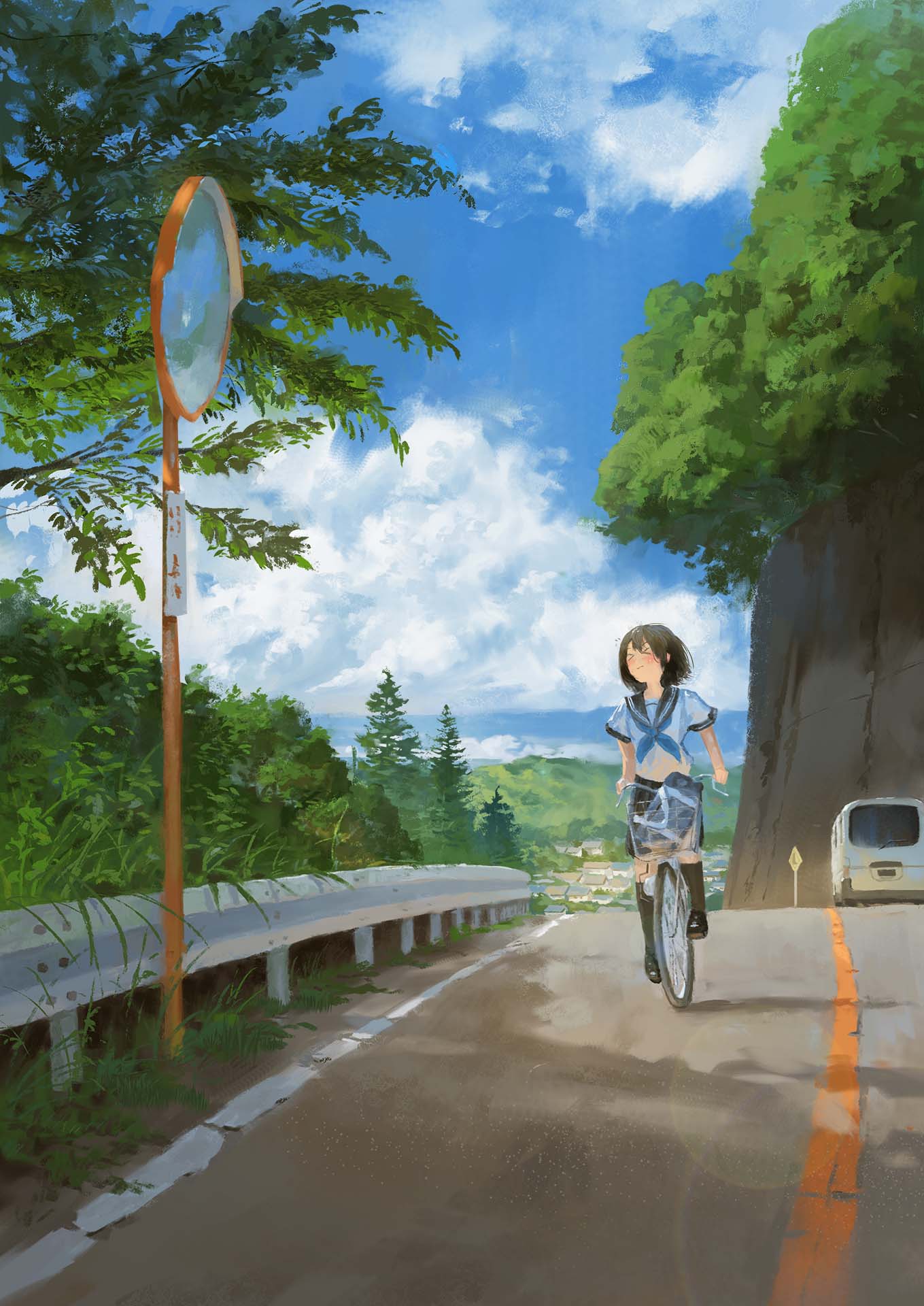 &gt;_&lt; 1girl bag bicycle black_hair blue_sky blush car fjsmu ground_vehicle highres motor_vehicle nature original plant road road_sign scenery school_bag school_uniform serafuku short_hair short_sleeves sign skirt sky tree