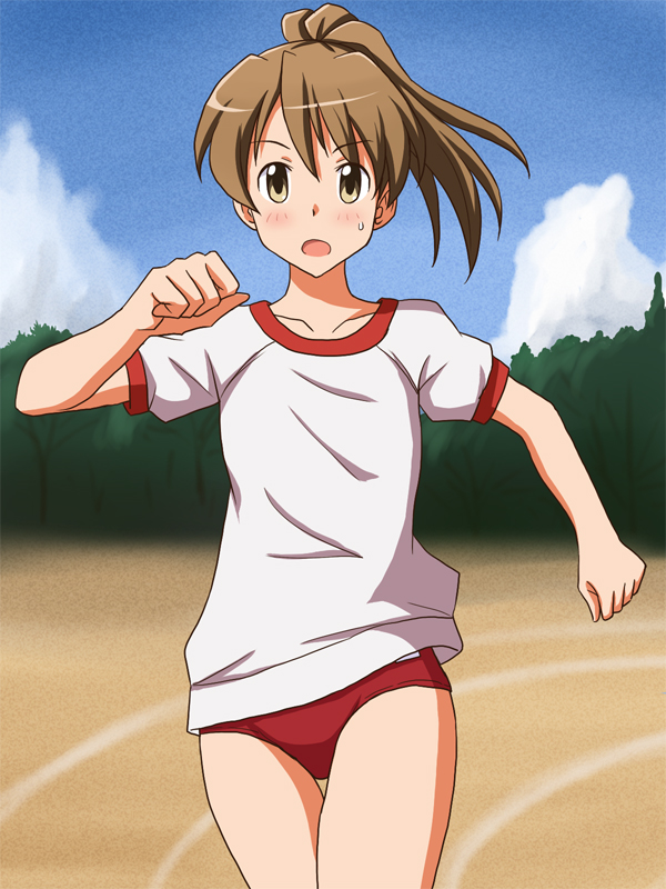 1girl bangs blue_sky brown_eyes brown_hair buruma clouds cloudy_sky commentary_request commission day eyebrows_visible_through_hair gym_shirt gym_uniform lielos looking_at_viewer medium_hair open_mouth original outdoors partial_commentary pixiv_request poniko_(lielos) ponytail red_buruma running running_track shirt short_sleeves sky solo sweatdrop thigh_gap white_shirt