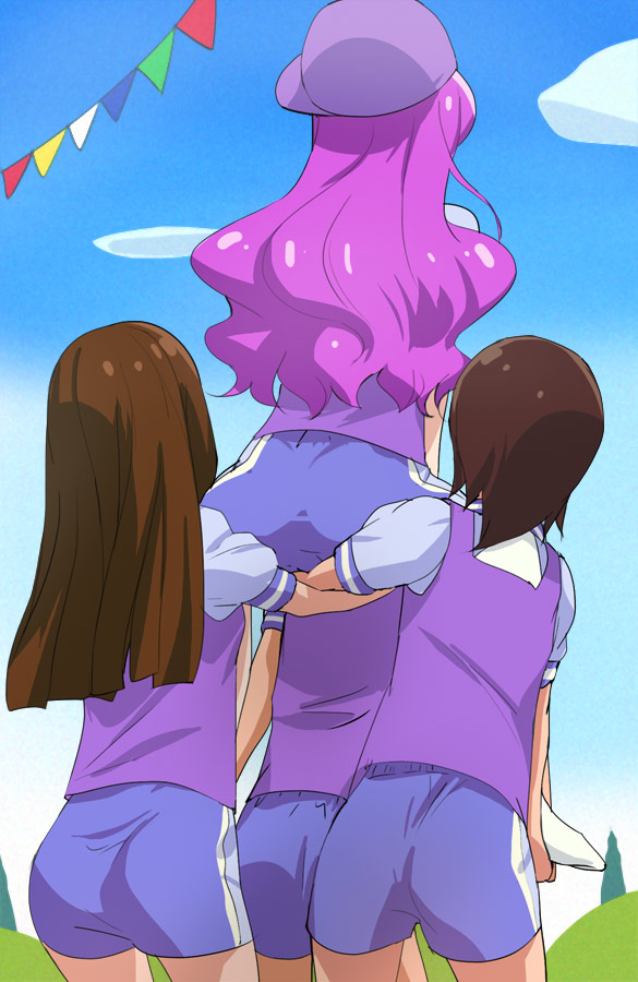 4girls ass blue_sky clouds from_behind haruyama_kazunori hat kirakira_precure_a_la_mode kotozume_yukari long_hair multiple_girls outdoors precure purple_hair short_hair short_sleeves shorts sideways_hat sky