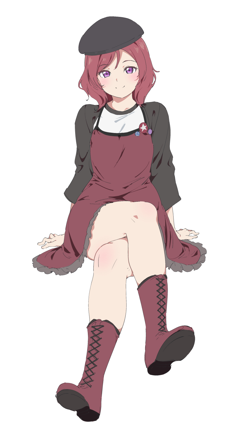 1girl alternate_costume bangs beret black_headwear boots closed_mouth cross-laced_footwear crossed_legs dress hat highres lace-up_boots looking_at_viewer love_live! love_live!_school_idol_project nishikino_maki pinafore_dress red_dress red_footwear redhead sato_uma short_dress simple_background sitting smile solo swept_bangs violet_eyes wavy_hair white_background