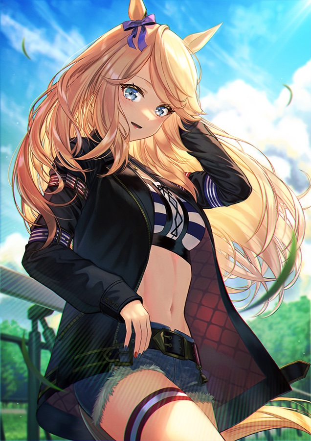 1girl animal_ears bandeau belt belt_buckle black_belt black_jacket blonde_hair blue_bow blue_eyes blue_shorts blush bow buckle day denim denim_shorts gold_city_(umamusume) horse_ears horse_girl horse_tail jacket long_hair long_sleeves looking_at_viewer navel open_clothes open_jacket open_mouth shorts solo striped striped_bandeau tail umamusume unowen