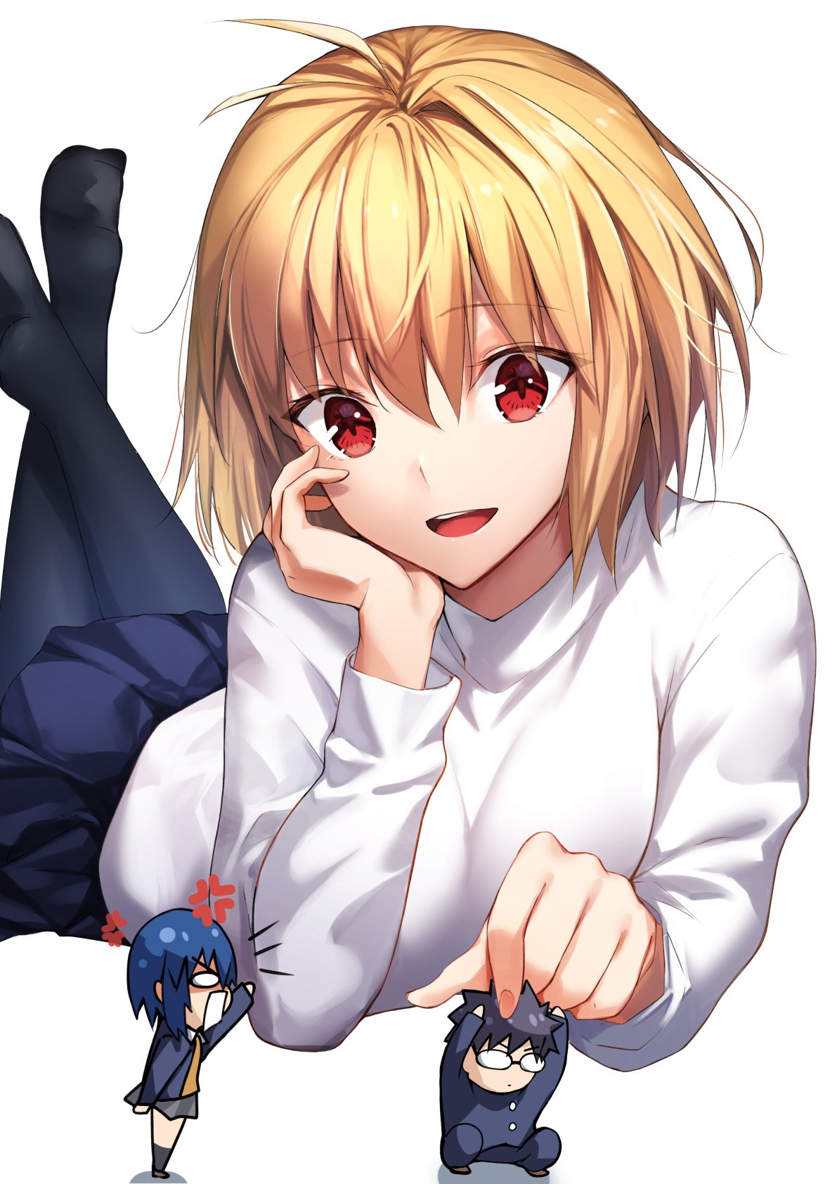 1boy 2girls ahoge anger_vein angry arcueid_brunestud bangs black_hair black_legwear blonde_hair blue_hair blue_jacket blue_pants blue_skirt buttons chibi ciel_(tsukihime) closed_mouth commentary_request crossed_legs eyebrows_visible_through_hair fingernails glasses grey_skirt hair_between_eyes hair_intakes hand_on_another's_head hand_on_own_chin herigaru_(fvgyvr000) highres jacket long_sleeves lying miniboy minigirl miniskirt multiple_girls nail_polish open_clothes open_jacket open_mouth pants pantyhose pink_nails pleated_skirt red_eyes school_uniform short_hair sidelocks simple_background sitting size_difference skirt smile sweater tohno_shiki tsukihime tsukihime_(remake) turtleneck turtleneck_sweater upper_teeth vampire vest white_background white_sweater yellow_vest