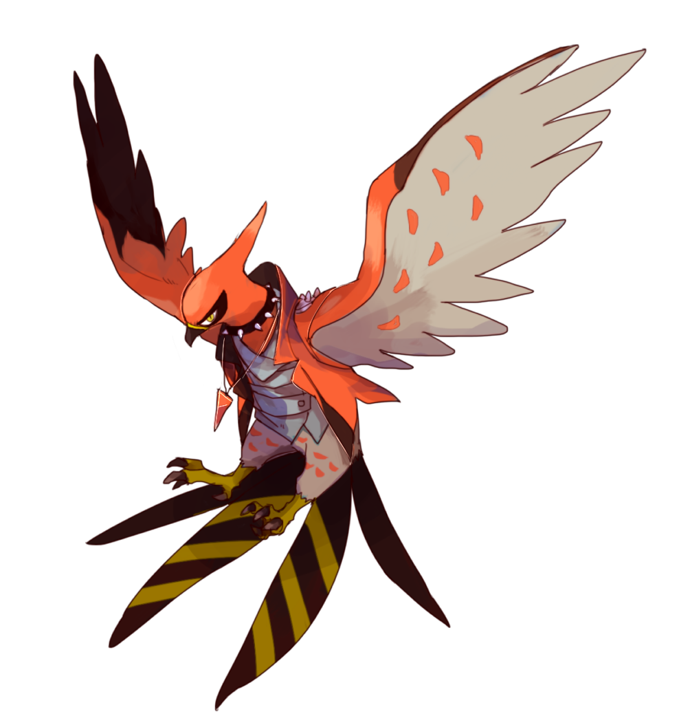 beak bird clothed_pokemon commentary_request gen_6_pokemon jacket jewelry looking_to_the_side necklace nigiri_(ngr24) no_humans orange_jacket pokemon pokemon_(creature) short_sleeves solo talonflame talons yellow_eyes