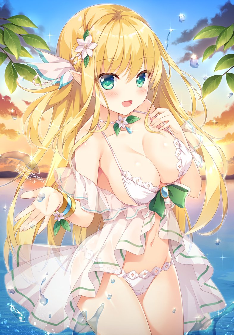 1girl ameto_yuki bare_shoulders bikini blonde_hair blush breasts clouds collarbone dress elf frilled_dress frills gem green_eyes hair_ornament hairpin hand_up jewelry lace lace-trimmed_bikini lace_trim large_breasts leaf long_hair navel ocean open_mouth original pointy_ears ribbon sky swimsuit very_long_hair water_drop