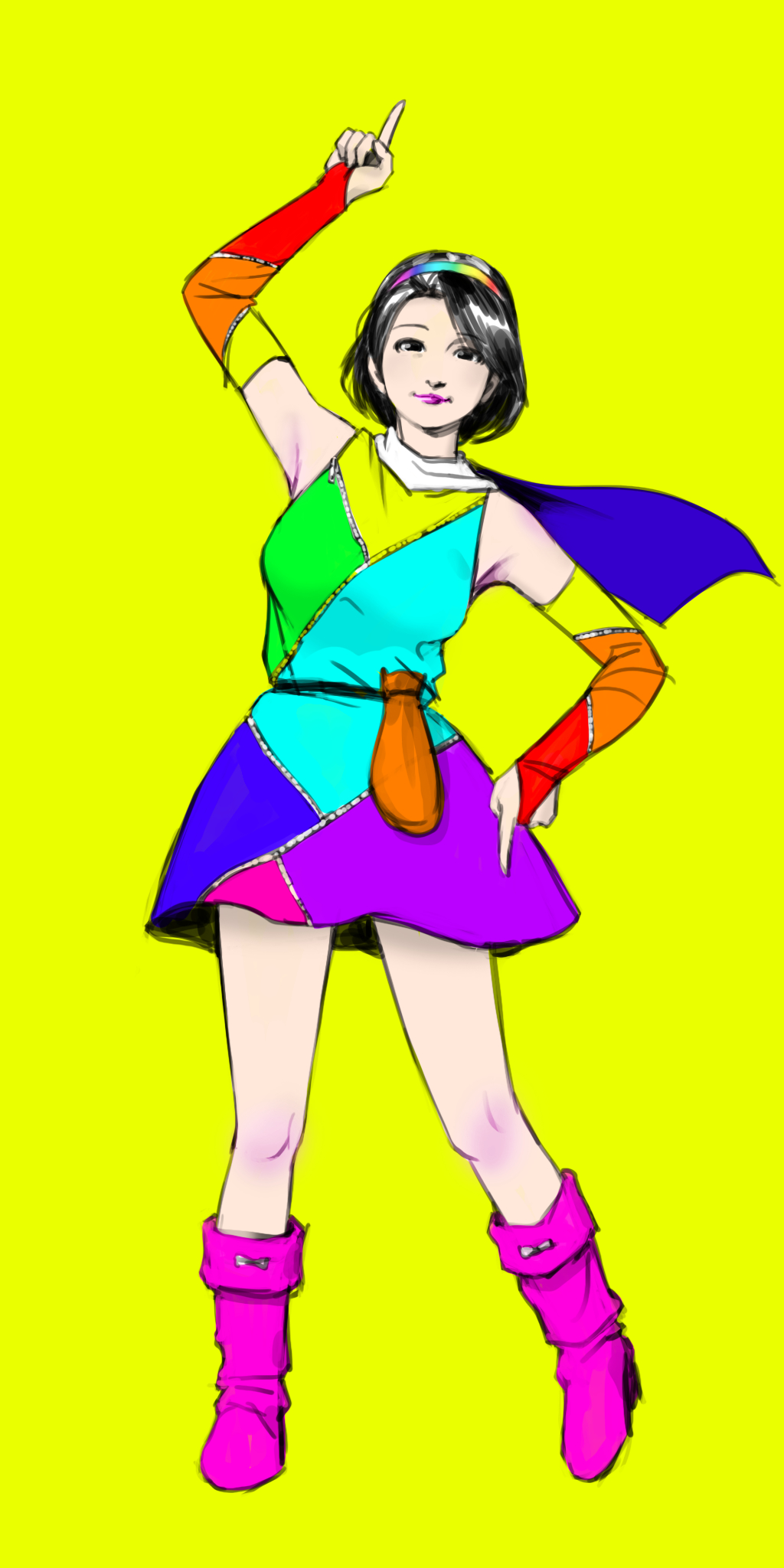 1girl black_hair blue_cape boots bridal_gauntlets cape dress elbow_gloves full_body gloves hairband highres looking_at_viewer multicolored multicolored_clothes multicolored_dress multicolored_hairband original pointing pointing_down pointing_up purple_footwear rainbow_order short_hair simple_background sleeveless sleeveless_dress smile solo standing tripleeight yellow_background