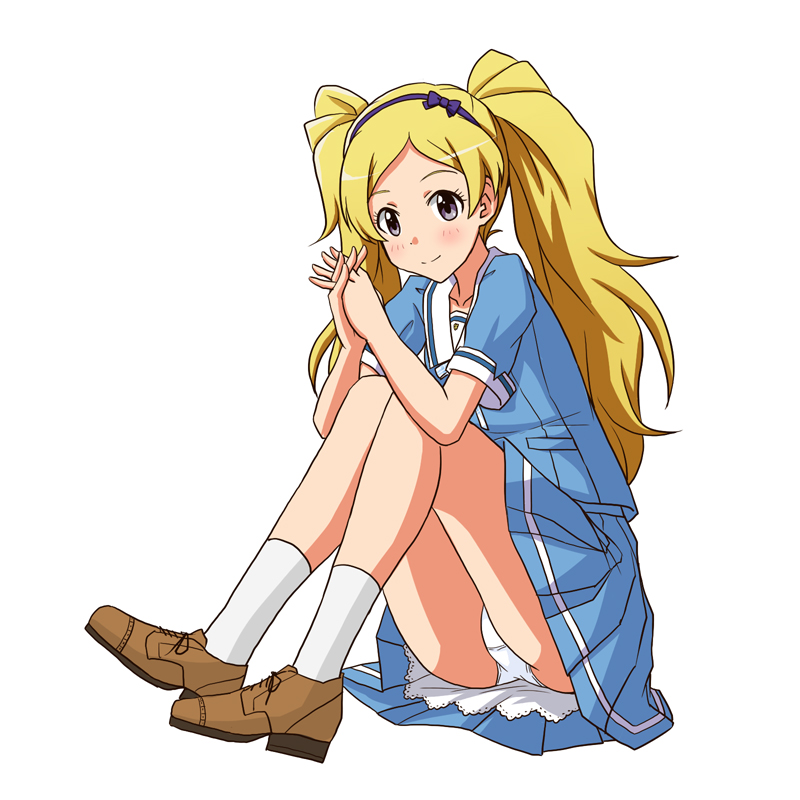 1girl blonde_hair blouse blue_blouse blue_ribbon blue_skirt brown_footwear closed_mouth collared_blouse commentary_request crotch_seam emily_stewart full_body hair_ribbon hands_together idolmaster idolmaster_million_live! interlocked_fingers lielos long_hair looking_at_viewer miniskirt panties pantyshot partial_commentary pleated_skirt ribbon shoes short_sleeves simple_background single_horizontal_stripe sitting skirt smile socks solo twintails underwear violet_eyes white_background white_legwear white_panties