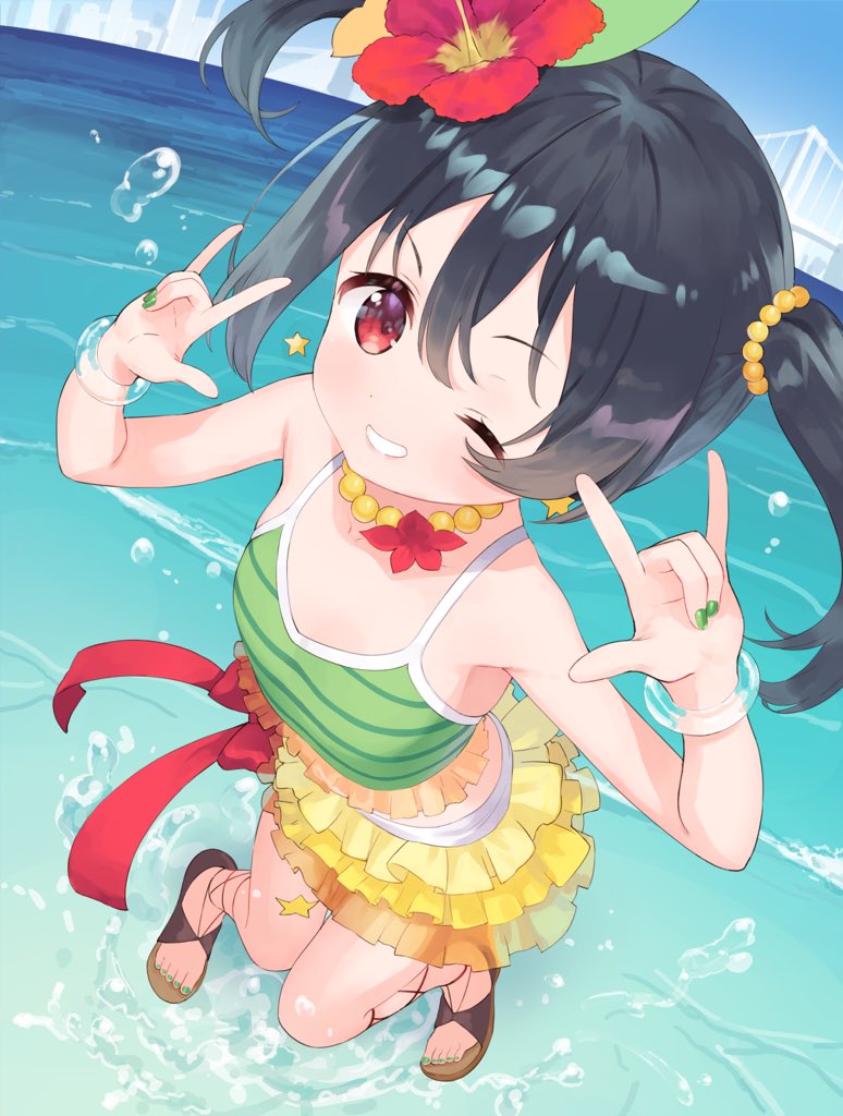 1girl beach black_hair blue_sky blush bow breasts clouds commentary_request eichisu hair_between_eyes hair_bow long_hair looking_at_viewer love_live! love_live!_school_idol_project ocean parted_lips red_eyes short_hair short_twintails sky smile solo twintails water_drop yazawa_nico