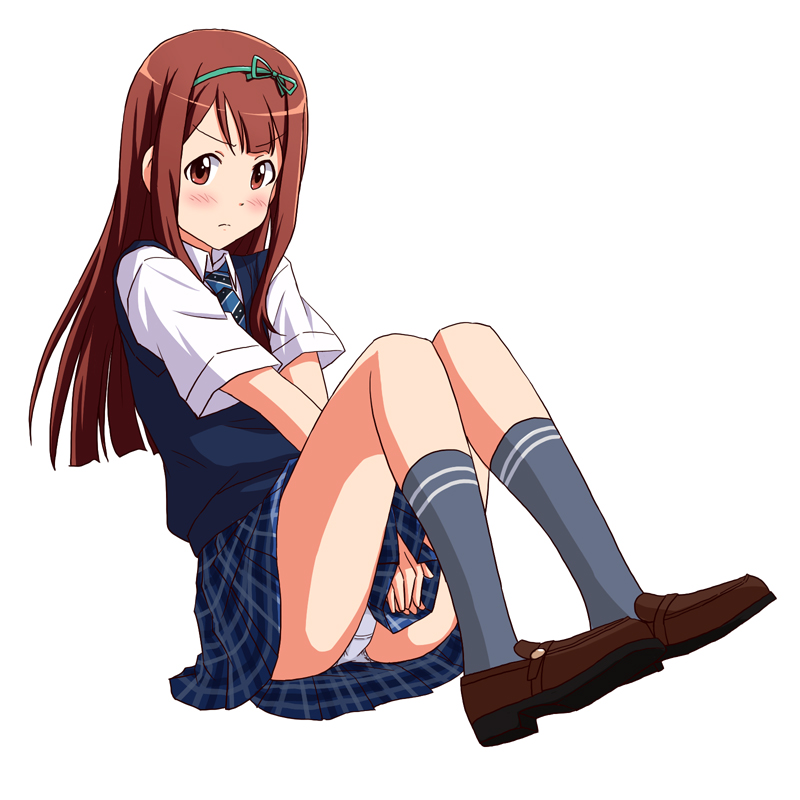 1girl bangs black_sweater blue_neckwear blue_skirt blunt_ends blush brown_eyes brown_footwear brown_hair closed_mouth commentary_request crotch_seam double_horizontal_stripe dress_shirt embarrassed frown full_body green_ribbon grey_legwear hair_ribbon idolmaster idolmaster_million_live! lielos loafers long_hair looking_at_viewer miniskirt necktie panties partial_commentary pleated_skirt ribbon shirt shoes short_sleeves simple_background sitting skirt skirt_tug socks solo straight_hair sweater sweater_vest tanaka_kotoha underwear white_background white_panties white_shirt wing_collar