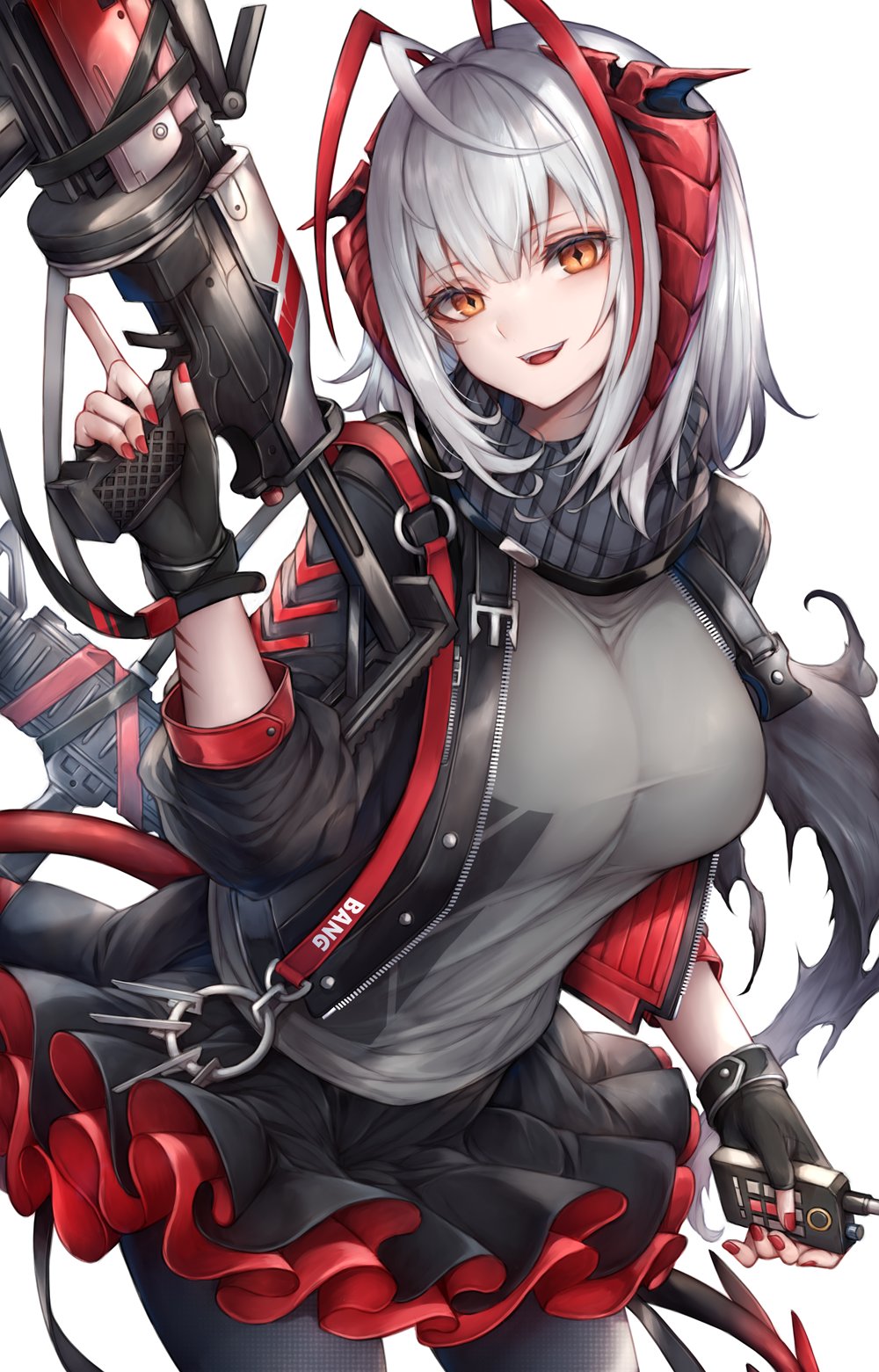 1girl antenna_hair arknights bangs black_gloves black_jacket breasts controller demon_tail fingerless_gloves gloves grenade_launcher grey_shirt highres horns jacket large_breasts open_mouth orange_eyes pantyhose red_horns red_nails redhead remote_control round_teeth scar shirt short_hair silver_hair skirt snm_(sunimi) solo spiked_tail symbol-shaped_pupils tail taut_clothes taut_shirt teeth trigger_discipline w_(arknights) weapon