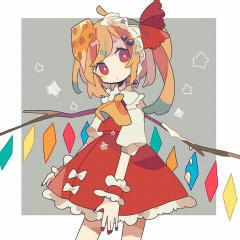 1girl :d_(17812157) blonde_hair bow branch closed_mouth crystal dress flandre_scarlet grey_background looking_at_viewer lowres red_bow red_dress red_eyes red_handwear red_ribbon ribbon short_sleeves simple_background solo square star_(symbol) touhou white_background yellow_neckwear